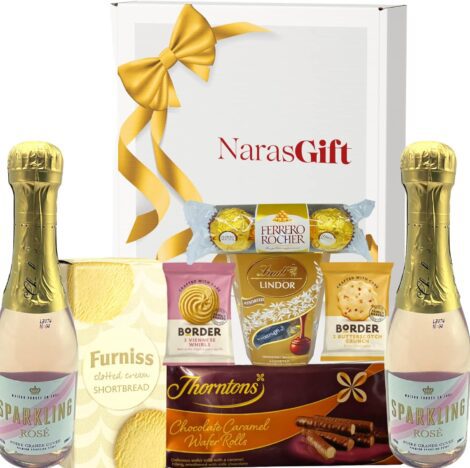 Pink Champagne Gift Set – Rosé Sparkling Wine, Chocolates, Biscuits, and Wafer Rolls – A perfect gift for women.