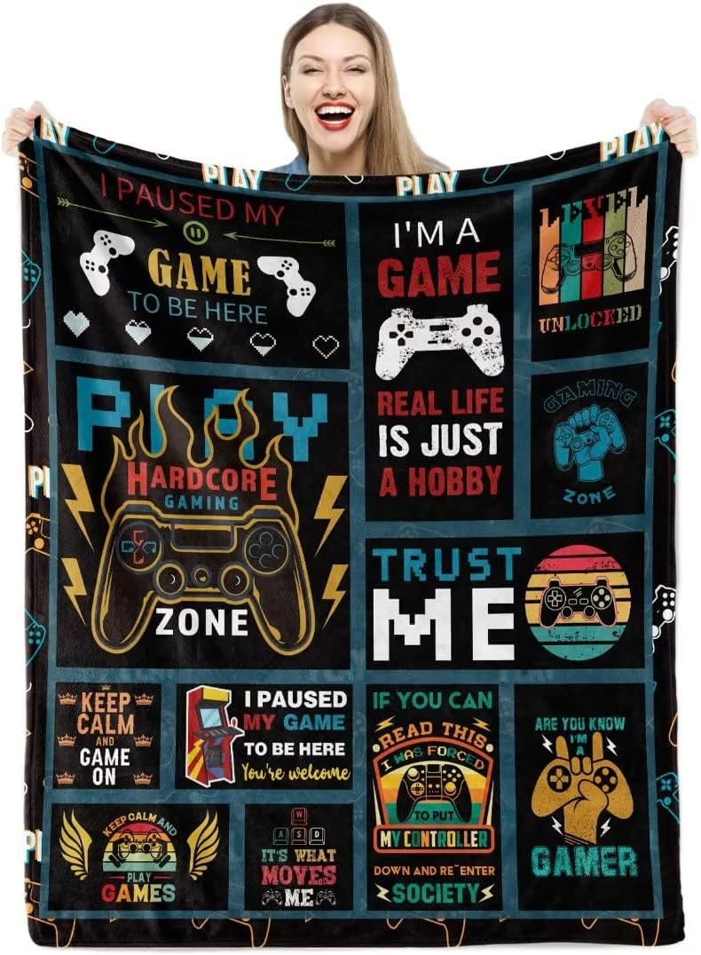 Teslite Gaming Blanket for Boys, Soft Cozy Gamer Throw Video Game Blankets Fuzzy Black Playstation Flannel Fleece Gifts Plush Teen Men Birthday Sofa Couch Decor 100x130 cm