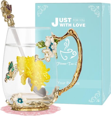 Wisolt Personalized Women’s Birthday & Christmas Gifts: Flower Glass Tea Cup with Spoon