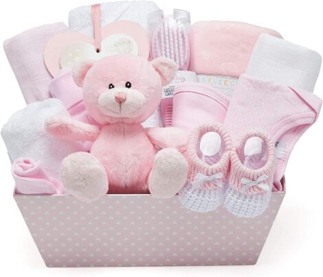 Baby girl gift set with essentials in a pink keepsake box.