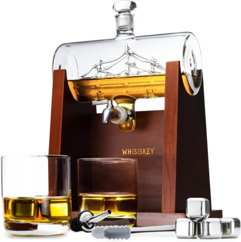 Whisiskey: 1000 ml Whiskey Decanter Set – Ship Design – Perfect Gift for Men – Includes Glasses, Stones, Draught Spout, Stopper, and Pliers.