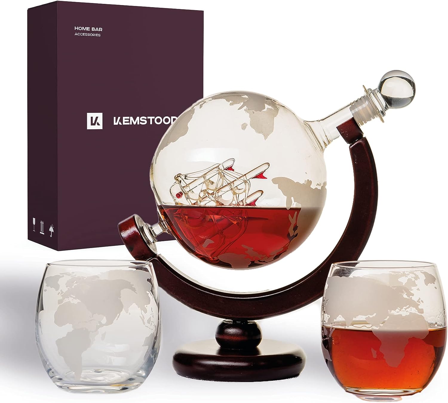 Kemstood Whiskey Decanter and Glass Set (850 ml) - Etched Whiskey Globe Decanter for Liquor, Bourbon, Vodka with 2 Glasses - Whiskey Gift Sets for Men - Home Bar Accessories for Alcoholic Drinks