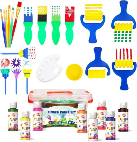 Portable BLOT Kids Paint Set with Washable Finger Paint, Brushes, and Sponges for Kids Age 3+