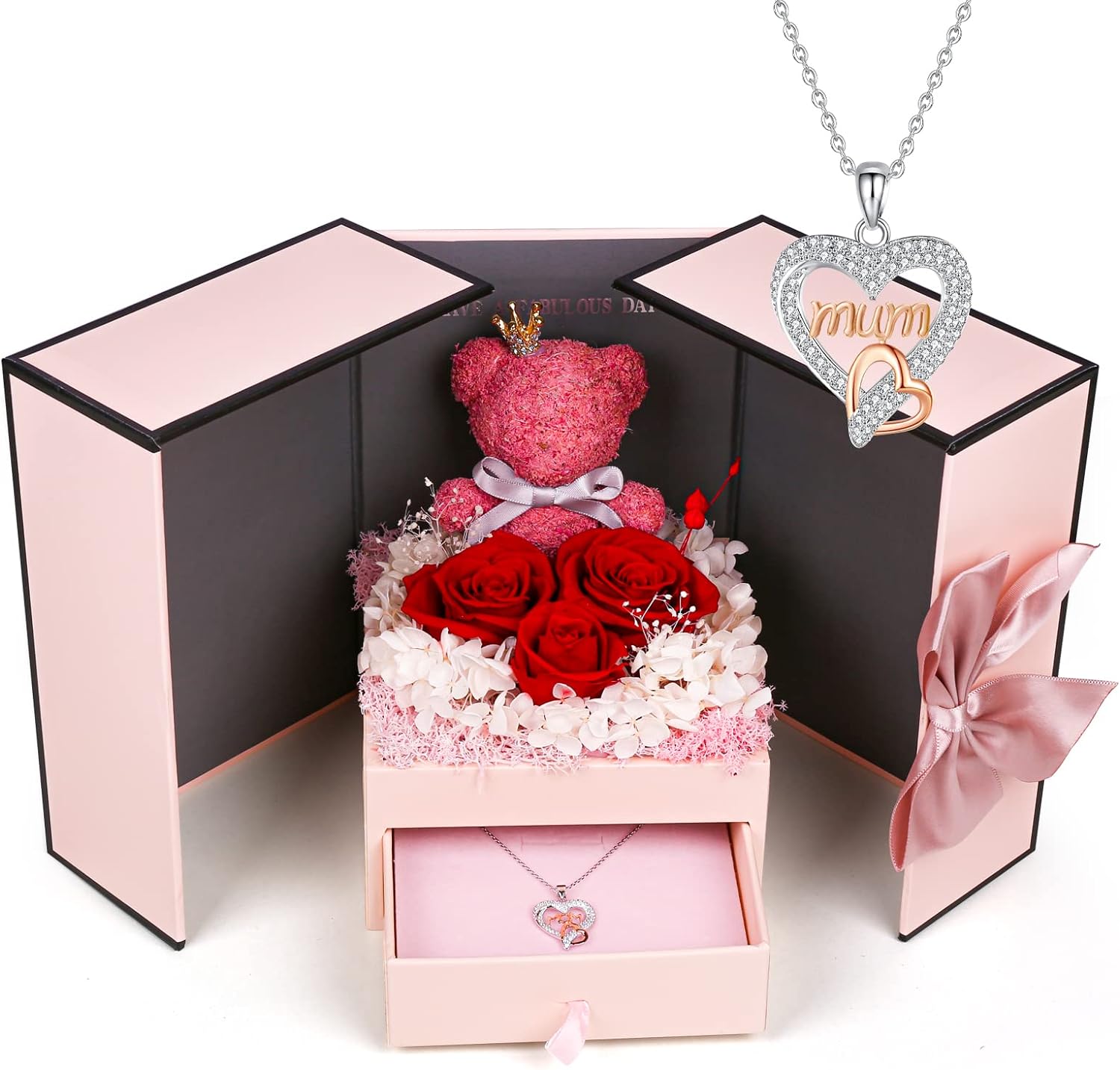 homicozy Preserved Rose Gifts Set Includes 925 Sterling Silver Necklace with Heart and Mum Jewelry Design, Mothers Day Birthday Christmas Valentines Gifts for Mum from Daughter and Son