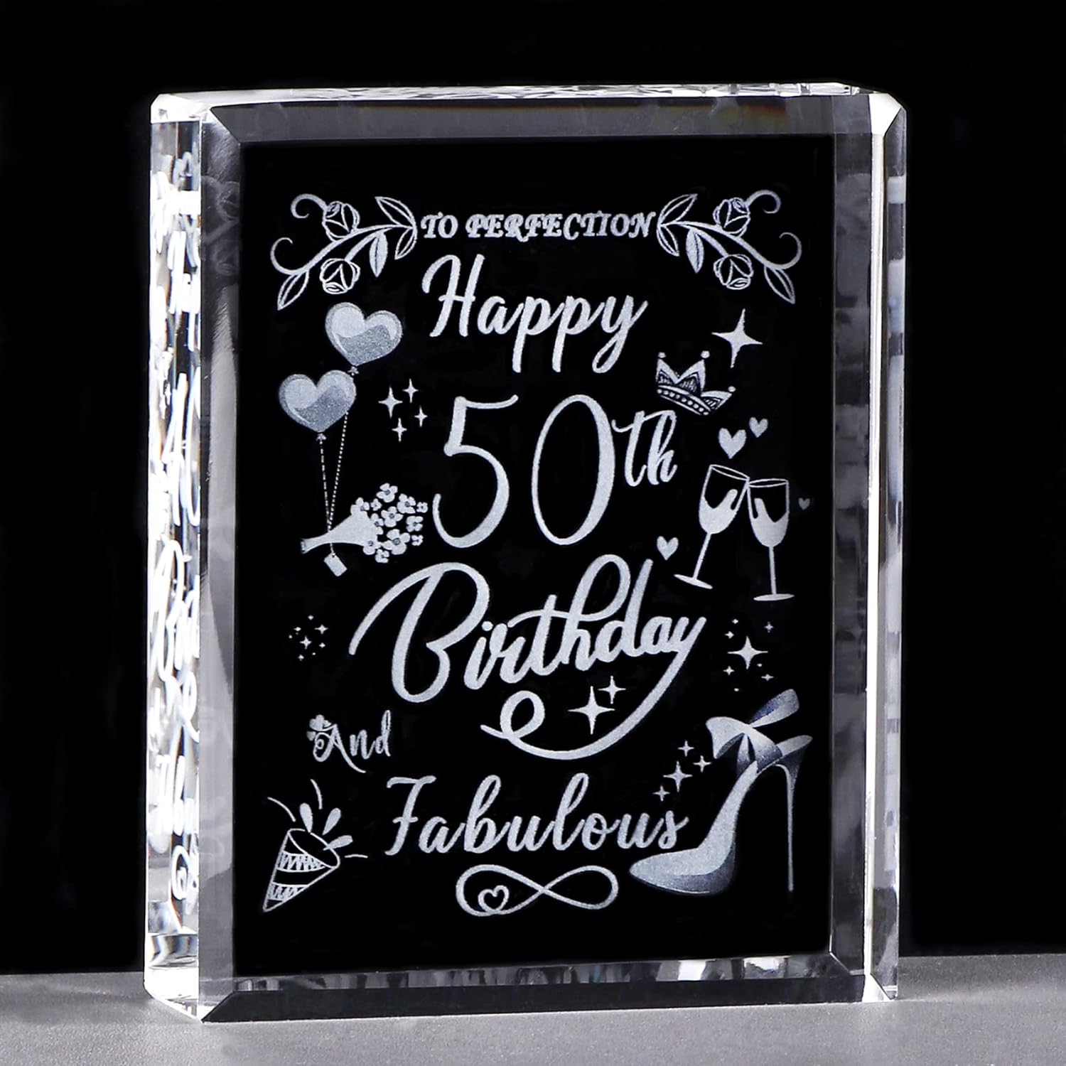 Happy 50th Birthday and Fabulous Gifts for Women, Laser Engraved K9 Crystal Plaque Keepsake for Her 50 Years, Unique Birthday Present Ornament Collection