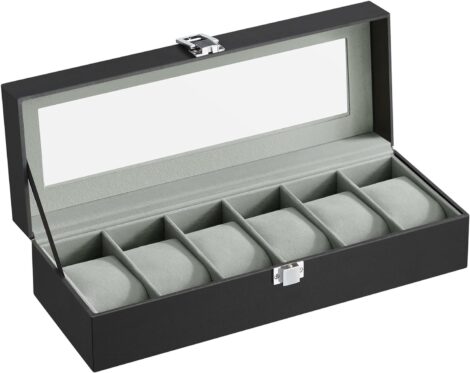 6-Slot SONGMICS Watch Box: Glass Lid, Removable Watch Pillows, Metal Clasp. Black Synthetic Leather, Greenish Grey Lining.