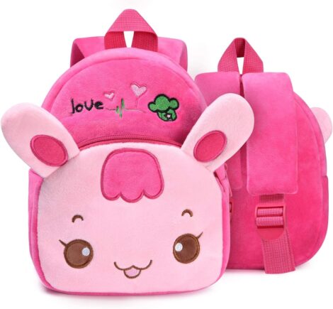 URQT Pink Rabbit Toddler Backpack, Soft Plush School Bag for 1-2 Years Old Girls.