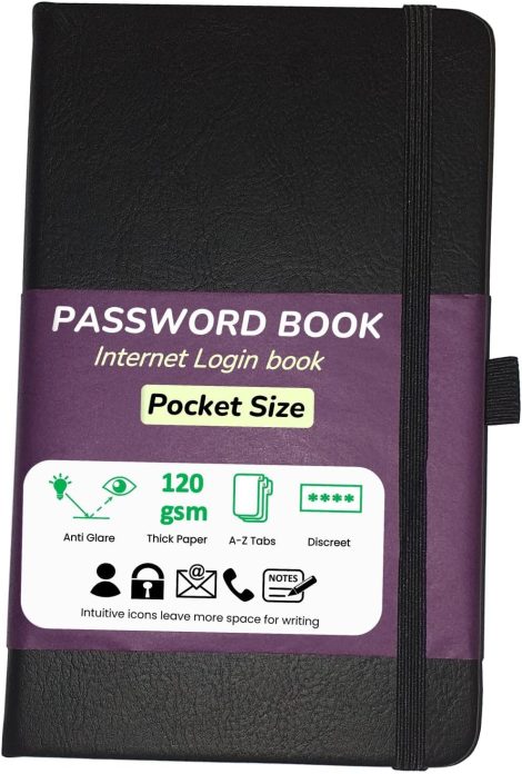 Compact Password Book with Alphabetical Tabs – Ideal Men’s Gift for Secure Logins (Charcoal)