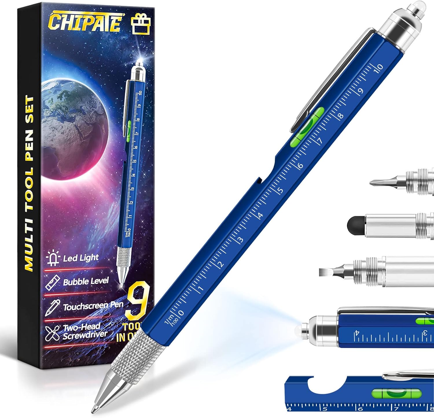 Chipate Gifts for Men, 9 in 1 Multi Tool Pen Gadgets for Men, Stocking Fillers for Men, Birthday Gifts for Him, Mens Gifts for Christmas, Secret Santa Gifts for Men, Gifts for Men Who Have Everything