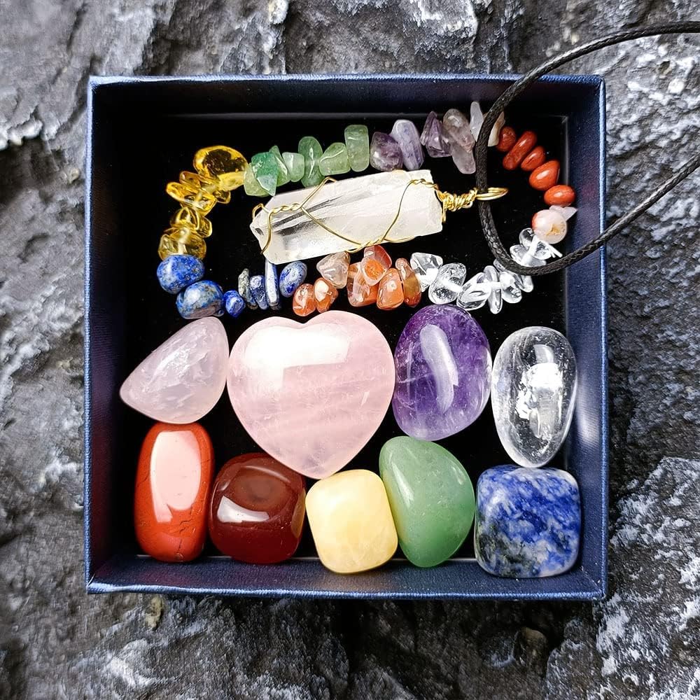 Healing Crystals Set Gemstones Gifts Beginners Chakra Stones Spiritual for Women Raw Gem Protection Real Box Necklaces Bracelet Amethyst Rose Quartz Pendant Carnelian Citrine Birthday Pack