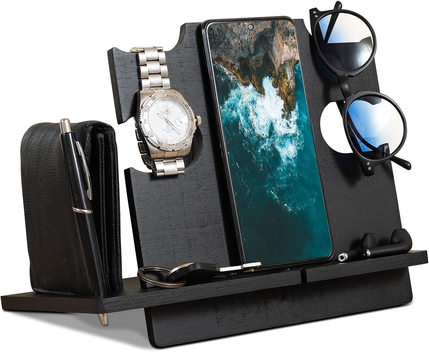 LAC Wooden Docking Station - Desk or Bedside Organiser for Him - Birthday GIfts for Men (Black)