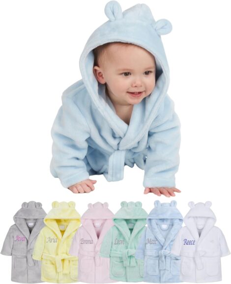 Customized Baby Dressing Gown: Cozy robe with cute teddy ears, perfect for personalized baby gifts.