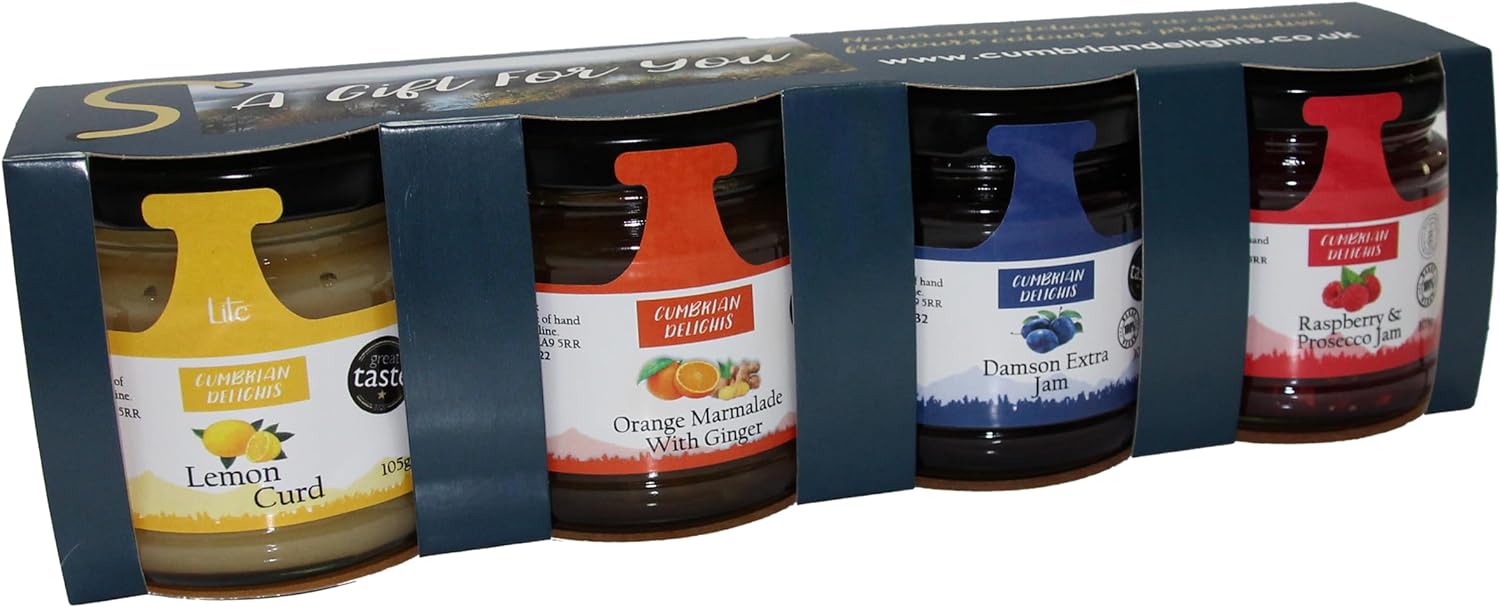 Cumbrian Delights Breakfast Taster Gift Box, Includes Marmalade, Lemon Curd & Jam, Handcrafted in the Lake District, No Flavourings, Additives & Preservatives, Nut & Gluten Free, Vegetarian 4 x 105g