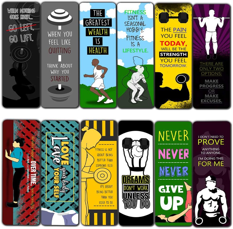 Creanoso Fitness Sayings Bookmarks (12-Pack) – Unique Bookmarker for Body Builders, Fitness Athletes, Men, Women, Professionals – Book Page Clipper Assorted Bulk Set – Great Giveaways Gift Ideas