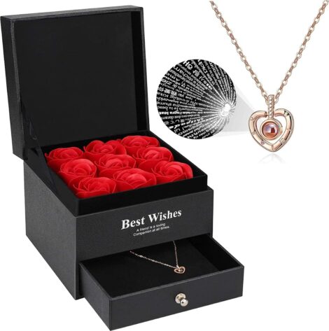 Eternal Rose Gift for Her: Handcrafted Preserved Rose with “I Love You” Necklace, 100 Languages.