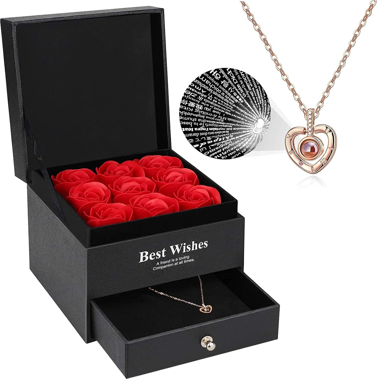 Eternal Rose Gifts for Women Handmade Preserved Rose with I Love You Necklace 100 Languages Forever Rose with Jewelry Gift Box Birthday Gifts for Her Mum Girlfriend Valentines Mothers Day Anniversary