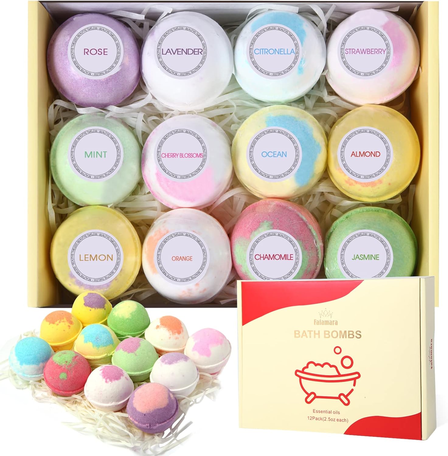 Fafamara Bath Bombs, Gift Set Rich in Essential Oils Natural Handmade Bath&Spa Fizzles Marvelous Salts to Moisturize Skin and Relieve Stress Romantic Gifts for Her/Him/Girlfriend/Wife (Pack of 12)