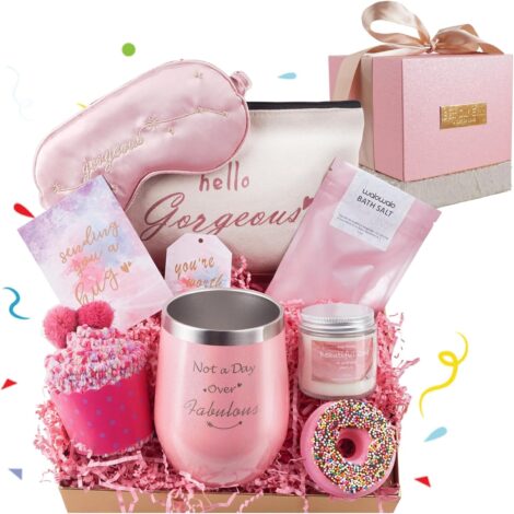 Women’s birthday and Christmas gift – Spa relaxation gift box with unique self-care items and wine tumbler.