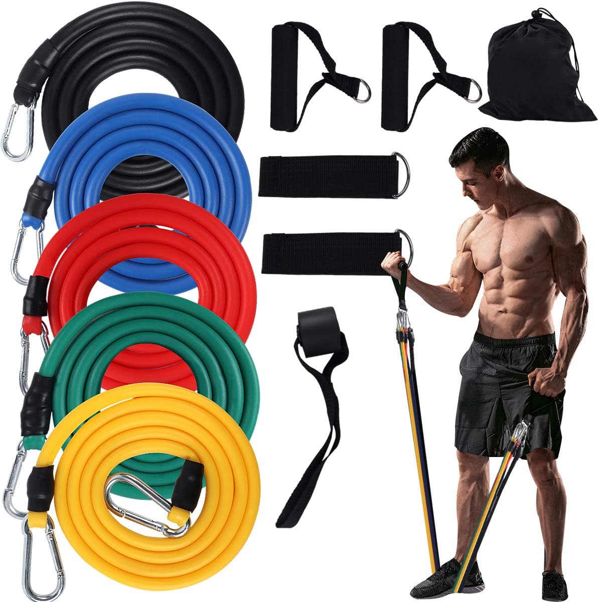 RECUTMS Resistance Bands Set, Exercise Band, Resistance Band With handle Men Women 11pc Fitness Home Gym Equipment for Stretch Workout Band Kit Stackable Up to 100 lbs 5 Fitness Tubes Yoga Pilates Physio