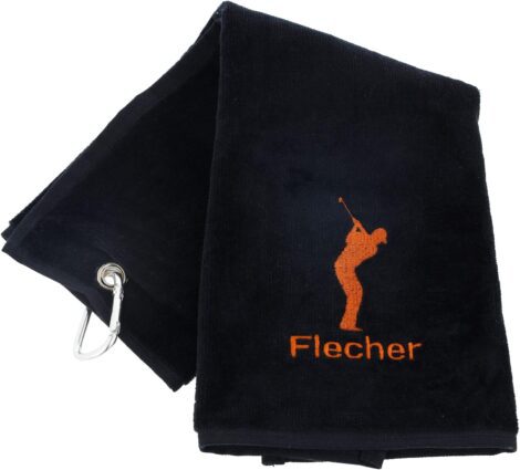 Black Personalised Golf Towel with Custom Name Embroidery and Carabiner Clip – Ideal Golf Gift!