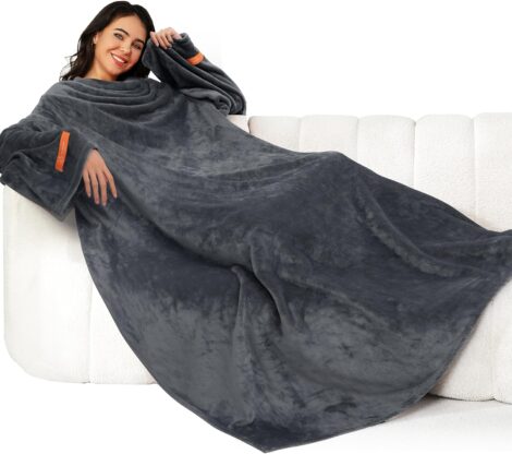 Winthome Cozy Sleeved Blanket- Perfect Unisex Gift, Elastic Cuffs, Hook & Loop (Grey, 140x170cm)