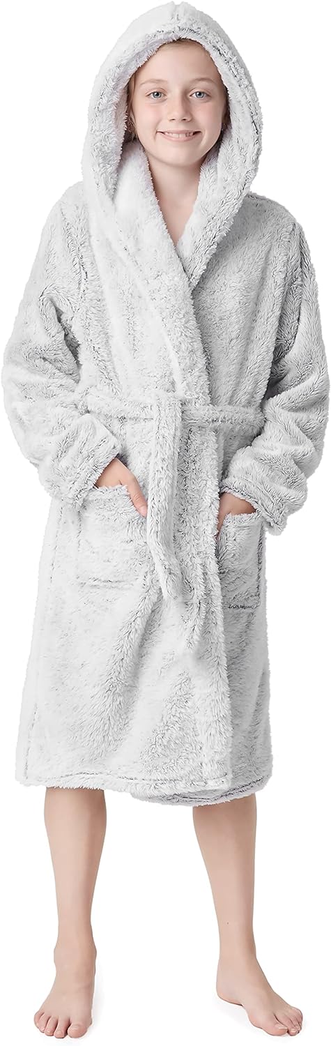 CityComfort Dressing Gown for Girls, Hooded Super Soft Kids Dressing Gowns in Purple Pink Grey, Fluffy Fleece Robe with Belt, Gifts for Girls Teenagers