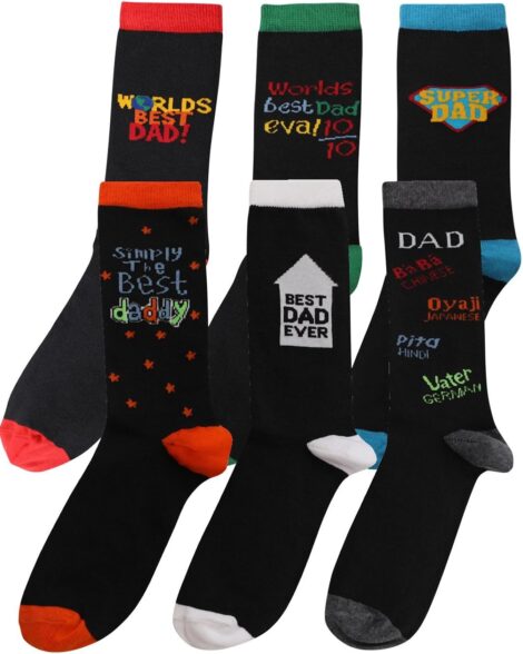 6-pack of designer cotton rich socks for men with shoe size 6-11, labeled BEST DAD.