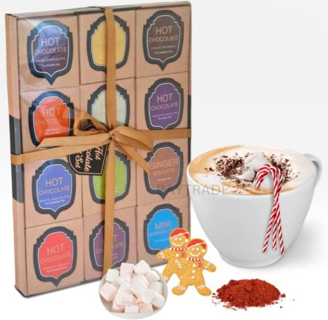 Christmas Hot Chocolate Gift Set: Variety of 12 Festive Flavored Sachets with Gingerbread Men, Marshmallows. Ideal for Everyone!