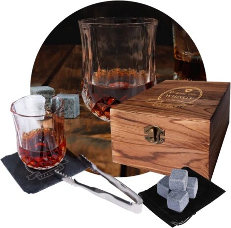 Whiskey Stones Gift Set in Wooden Box: Chilling Stones, Glass, Ice Tongs, Coasters – Perfect Alcohol Gift