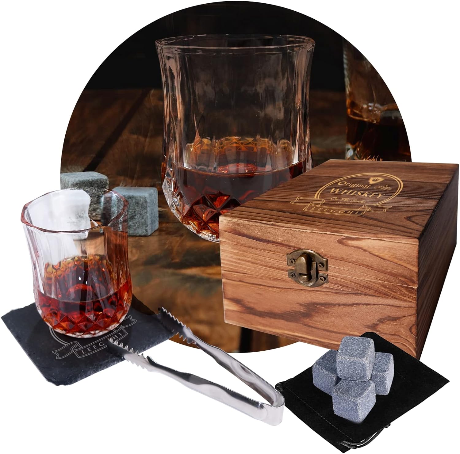 Whiskey Stones and Glass Gift Set, 4 Granite Chilling Stone and Whisky Glass in Wooden Box, Whiskey Gift Set with Ice Tongs, Slate Coasters, Alcohol Gift for Men/Dad/Christmas/Husband/New Home Gifts