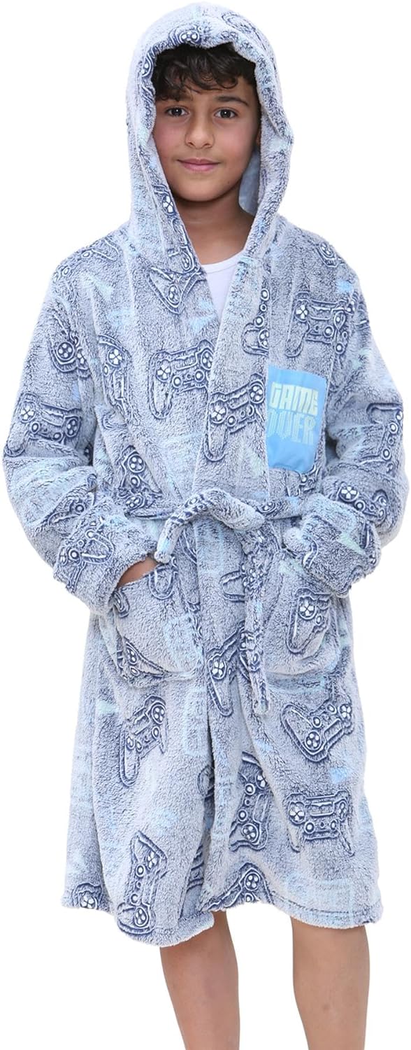 A2Z 4 Kids Girls Boys Luxury Fleece Plush Fabric Hooded Robe Glow In The Dark Dressing Gown Game Controllers Print Navy Robe Super Soft Robe Gift for Children Girls Age 2 to 13 years