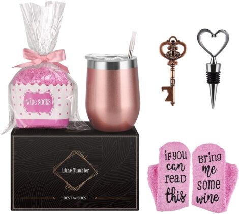 Livole Women’s Wine Gift Set: Stainless Steel Tumbler, Cupcake Socks, Opener, Stopper. Perfect for Special Occasions.