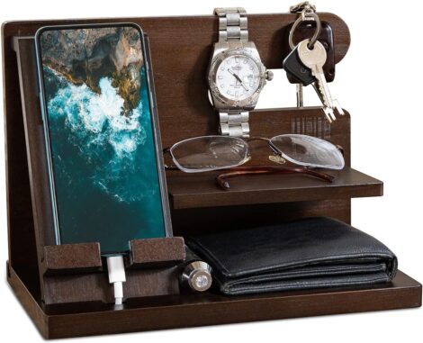 LAC Wooden Docking Station: Him Desk Organizer – Ideal Men’s Birthday Gift (Brown)