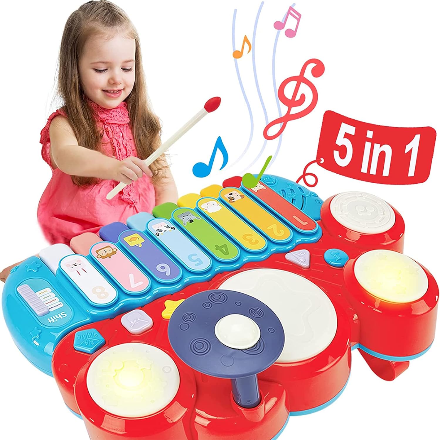 hahaland 5 in 1 Baby Musical Instruments Toddler Toys for 1 Year Old Girls, Multi-Function Piano Drum Set Early Development & Activity Toys Baby Toys for 12 Months 2 3 4 5 6 Year Old Girls Boys Gifts