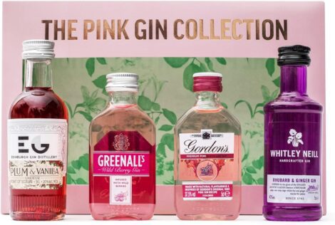 Women’s Pink Gin Gift Set – 4x5cl Flavored Gins, Rhubarb & Ginger, Plum & Vanilla, Gordon’s, Greenall’s – Birthday Present