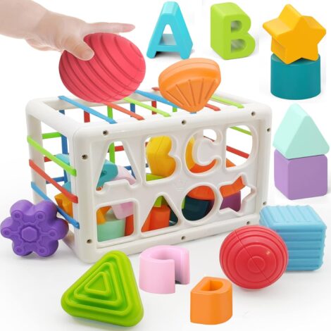 DQMOON Shape Sorter Toys for Baby 12-18 Months, Sensory Gifts for 1st Birthday, Montessori Travel Toys for Baby Age 1-2.