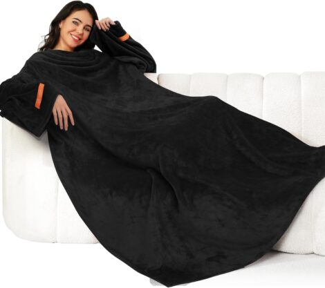 Winthome Cozy Sleeved Blanket, Unisex Gift, Elastic Cuffs, Hook & Loop Fastener (Black, 140x170cm)