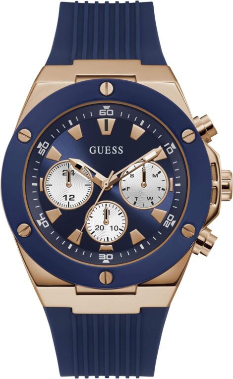 Men’s Blue and Rose-Gold Silicone Watch by Guess US, in short.