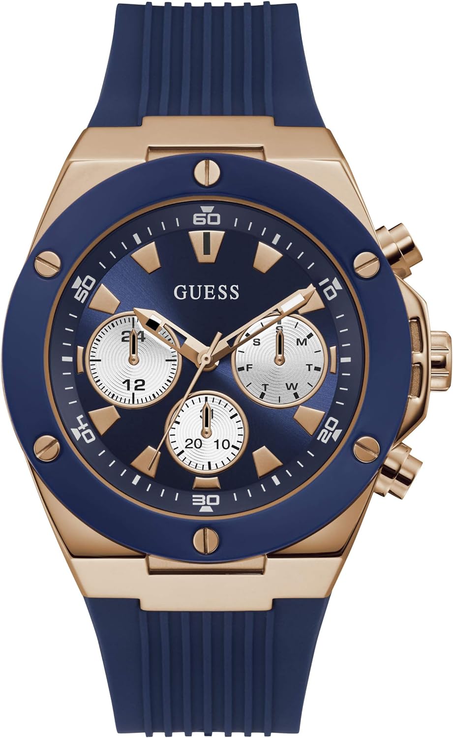 Guess US Men's Blue and Rose-Gold Silicone Watch, one