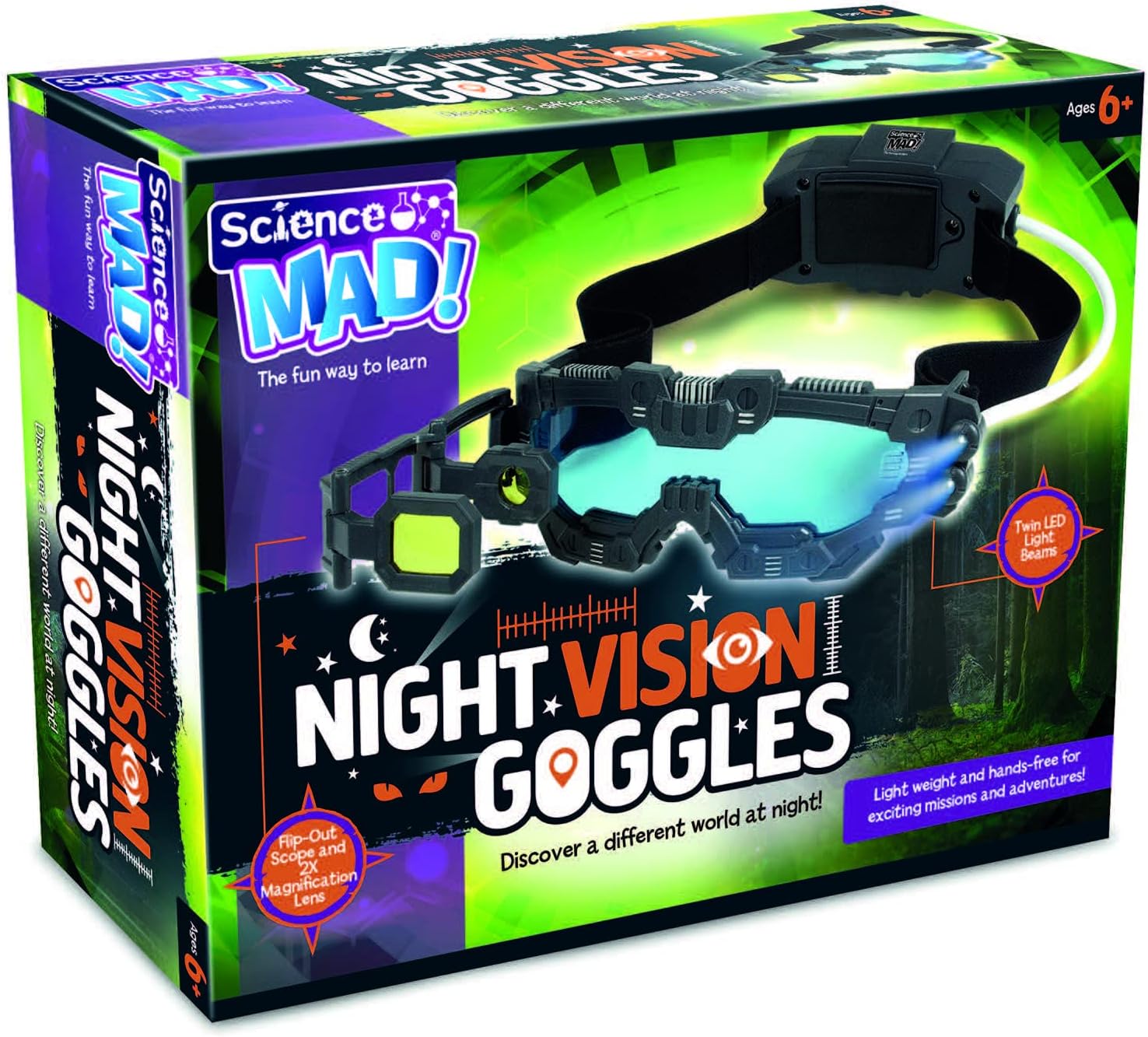 Science MAD! Night Vision Goggles For Kids - For Fun Night Missions - Lightweight, Flip Out Scope, 2x Magnification, Twin LED Beams, Blue Lenses, 6+ Years, ‎20 x 10 x 5.5 cm (SM55) , Black