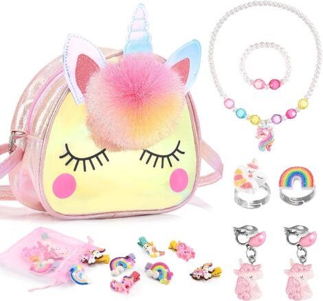 Kids Unicorn Jewelry and Toy Set with Crossbody Bag, Ideal Birthday Gifts for Girls Age 3-8.