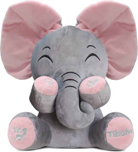 Tihoho Peek A Boo Elephant Plush Toy, Interactive Singing Animated Doll for Babies and Kids (Pink).