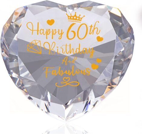 Heart Glass Crystal Keepsake – 60th Birthday Gift for Women, with Happy 60 Years & Fabulous Presents.