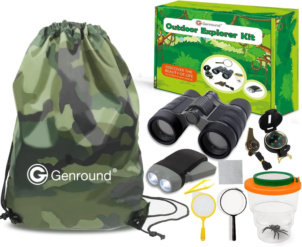 Genround Outdoor Explorer Kit Gifts Toys, 6-12 Years Old Boys Girls Outdoor Adventure Exploration Set incl Binoculars,Flashlight, Compass,Whistle,Magnifying Glass,Tweezer,Bug Viewer,Backpack