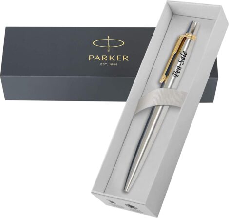 Customizable Parker Jotter Stainless Steel Gold Trim Ballpoint Pen with Engraving in Gift Box.