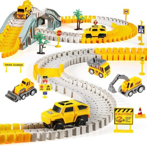 260-piece Construction Race Tracks Toy Set with 6 Construction Cars and Flexible Track for Ages 3-6.