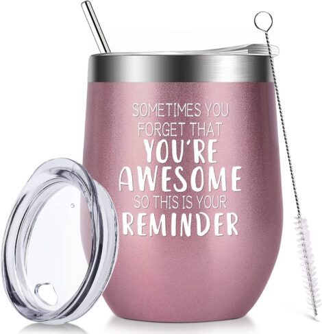 Mothers Day Gifts: Rose Gold Wine Tumbler with Straw for Women, Mum, Her.