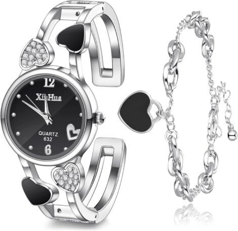 Heart-shaped watch and bracelet set with diamond rhinestone, silver crystal bangle. A perfect gift for ladies.