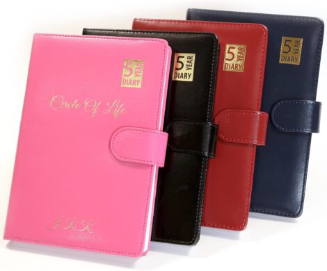 Custom Premium Personalised 5-Year Diary Organizer A5 Size in Pink with Gold Embossed PU Leather