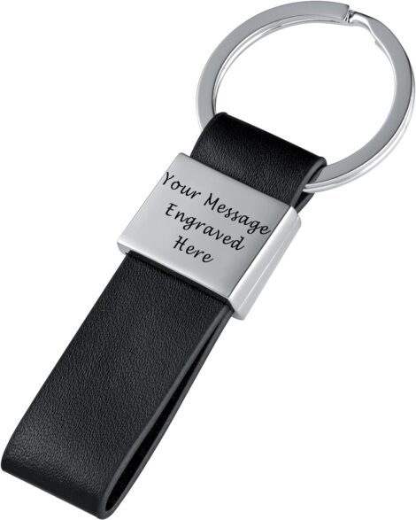 Custom Text Engraved Stainless Steel Leather Keyring- Personalized Keychain in Elegant Gift Box.